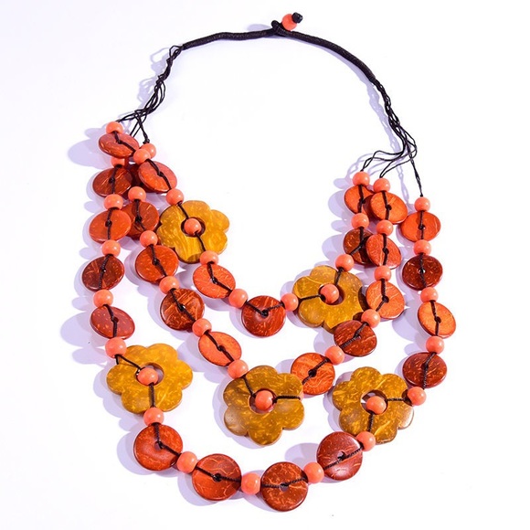 Artisan Jewelry - New Artisan Autumn Brown& Orange Wooden Bead Floral Decor Statement Necklace